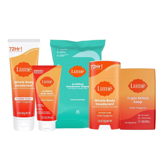 Picture of Lume Whole Body Deodorant Starter Pack - Smooth Solid Stick, Invisible Cream Tube, Acidified Body Wash Mini & Deodorant Wipes - Aluminum & Baking Soda Free Odor Control, Skin Loving (Clean Tangerine)