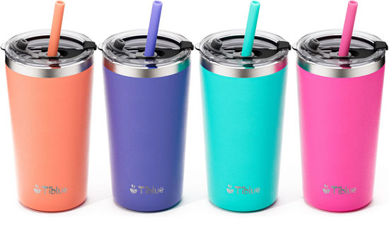 Picture of Tiblue Kids & Toddler Cup - 4 Pack 12oz Stainless Steel Water Bottle Spill Proof Insulated Tumbler with Leak Proof Lid & Silicone Straw with Stopper - BPA FREE Baby Smoothie Drinking Cup for Girl Boys