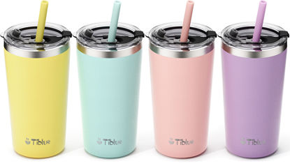 Picture of Tiblue Kids & Toddler Cup - 4 Pack 12oz Spill Proof Stainless Steel Water Bottle for Girls Boys Insulated Tumbler with Leak Proof Lid & Silicone Straw with Stopper - BPA FREE Baby Smoothie Snack Cup