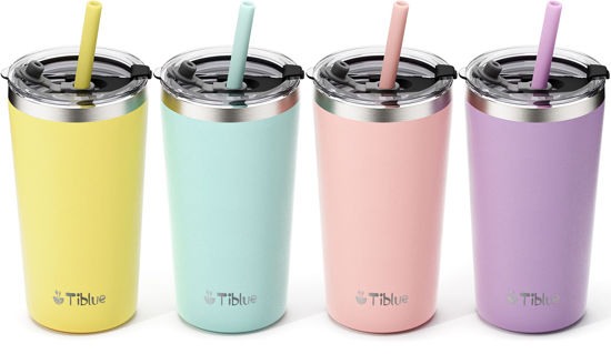 Picture of Tiblue Kids & Toddler Cup - 4 Pack 12oz Spill Proof Stainless Steel Water Bottle for Girls Boys Insulated Tumbler with Leak Proof Lid & Silicone Straw with Stopper - BPA FREE Baby Smoothie Snack Cup