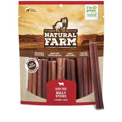 Picture of Natural Farm Odor-Free Bully Sticks (4-8”, 16oz) ALL-NATURAL Long-Lasting Chews, 100% Beef Pizzle, Grass-Fed, Grain-Free, Hormone-Free, Protein for Muscle Development & Energy, Perfect For Medium Dogs