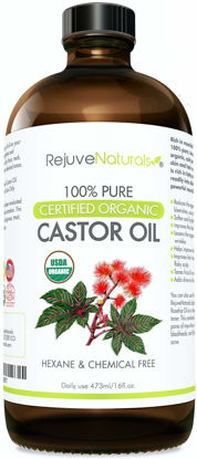 Picture of RejuveNaturals Castor Oil (16oz Glass Bottle) USDA Certified Organic, 100% Pure, Cold Pressed, Hexane Free. Boost Hair Growth for Thicker, Fuller Hair, Lashes & Eyebrows.