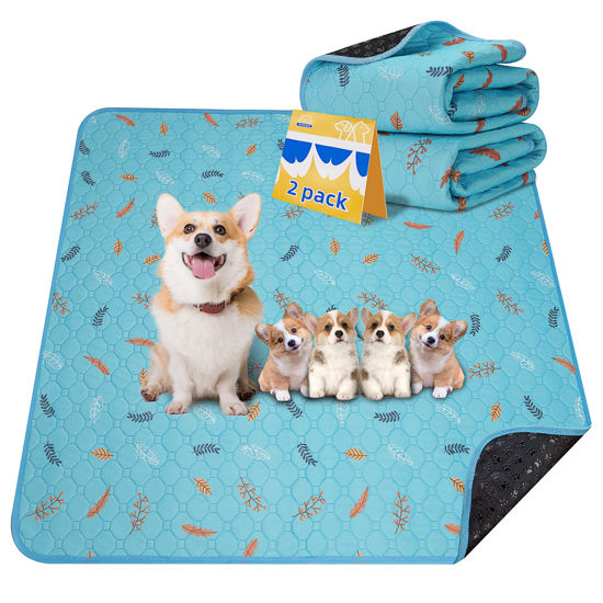 Picture of Sunheir Washable Pee Pads for Dogs Extra Large 36" x 48" 2-Pack Reusable Puppy Pads Pet Training Pads, Whelping Pad, Non-Slip Protects Against Urine Leakage (Leaves - Sky Blue, 36x48)