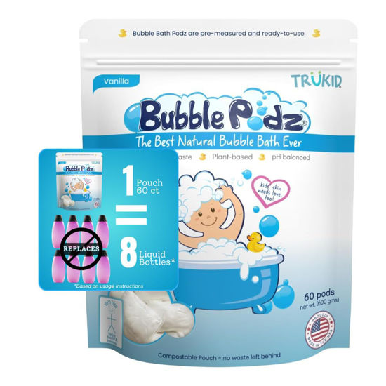 Picture of TruKid Bubble Podz Bubble Bath for Baby & Kids, Gentle Refreshing Bath Bomb for Sensitive Skin, pH Balance 7 for Eye Sensitivity, Natural Moisturizers and Ingredients, Vanilla (60 Podz)