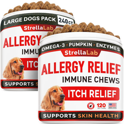 Picture of STRELLALAB Dog Allergy Relief 2 Pack (240 Chews) - Dog Itchy Skin Treatment + Omega 3 & Pumpkin, Dog Allergy Chews & Anti Itch Support Supplement, Dogs Itching & Licking Treats, Dog Itch Relief Chew