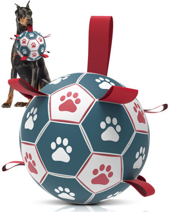 Picture of QDAN Dog Toys Soccer Ball with Straps - Durable Dog Balls for Giant Extra Large Dogs, Outdoor Dog Toys, Dog Water Toy, Herding Ball, Dog Birthday Gifts (10 Inch)