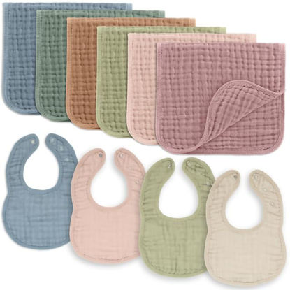 Picture of Comfy Cubs Baby Bibs & Burp Cloths Set Large - 6 Pack Muslin Burp Cloths & 4 Pack Muslin Bibs, Multicolor - Muslin Cotton Burp Bibs - Baby Essentials 6 Layers Extra Absorbent and Soft Boys & Girls