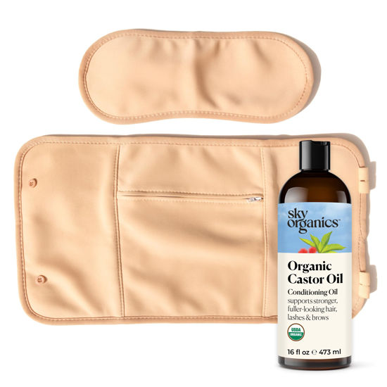 Picture of Sky Organics 16oz Castor Oil w/Wraps | Reusable Organic Castor Oil Pack | Adjustable Elastic Straps Cotton Durable Easy to Use