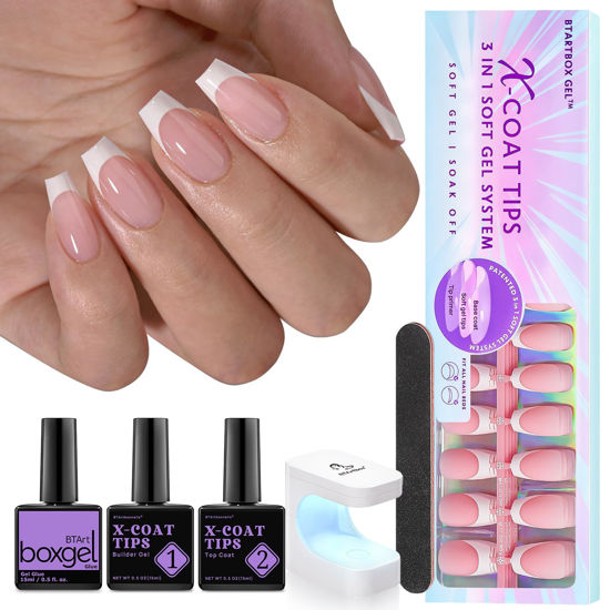 Picture of btartboxnails XCOATTIPS French Gel Nails - Short Coffin Nails Tips with Nail Gel, French Protecing Duo, Nail Lamp, All in One Soft Gel French Tip Press on Nails Gel Extension