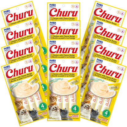 Picture of INABA Churu Cat Treats, Grain-Free, Lickable, Squeezable Creamy Purée Cat Treat/Topper with Vitamin E & Taurine, 0.5 Ounces Each Tube, 48 Tubes (4 per Pack), Chicken with Cheese Recipe