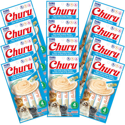 Picture of INABA Churu Cat Treats, Grain-Free, Lickable, Squeezable Creamy Purée Cat Treat/Topper with Vitamin E & Taurine, 0.5 Ounces Each Tube, 48 Tubes (4 per Pack), Tuna with Scallop Recipe