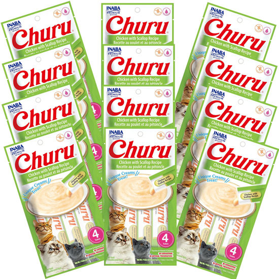 Picture of INABA Churu Cat Treats, Grain-Free, Lickable, Squeezable Creamy Purée Cat Treat/Topper with Vitamin E & Taurine, 0.5 Ounces Each Tube, 48 Tubes (4 per Pack), Chicken with Scallop Recipe