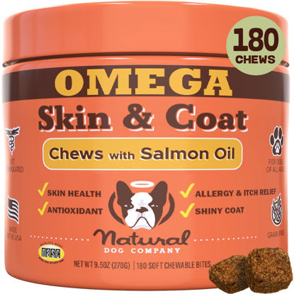 Picture of Natural Dog Company Skin & Coat Chews, Salmon & Peas Flavor, Dog Vitamins and Supplements for Healthy Skin & Coat, Itch Relief for Dogs with Allergies, with Biotin, Vitamin E, Omega 3, 180 Count