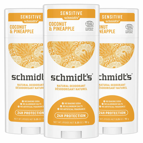 Picture of Schmidt's Aluminum Free Natural Deodorant for Women and Men, Coconut Pineapple for Sensitive Skin with 24 Hour Odor Protection, Certified Cruelty Free, Vegan Deodorant, 3.25oz, 3 pack