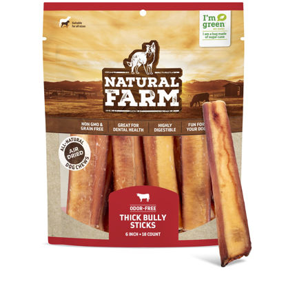 Picture of Natural Farm Odor-Free Thick Bully Sticks (6”, 18-pack) ALL-NATURAL Long-Lasting Dog Chews, 100% Beef Pizzle, Grass-Fed, Grain-Free, Protein for Muscle Development & Energy, Perfect For Medium Chewers