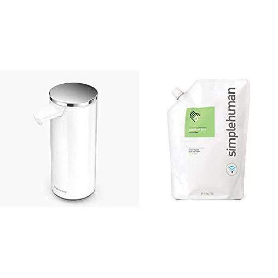 Picture of simplehuman 9 oz. Touch-Free Rechargeable Sensor Liquid Soap Dispenser Pump, White Stainless Steel & Cucumber Moisturizing Pouch Liquid Hand Soap Refill, 34 Ounce