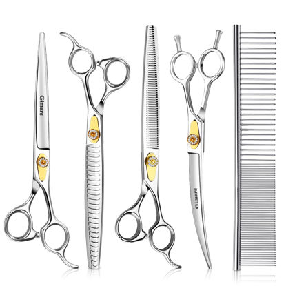 Picture of Gimars 8 Inch Professional 440C Stainless Steel Dog Grooming Scissors Heavy Duty 6 In 1 - Straight, Thinning, Chunker, Curved Shears and Comb, Ergonomic Pet Grooming Scissor for Dogs, Cats