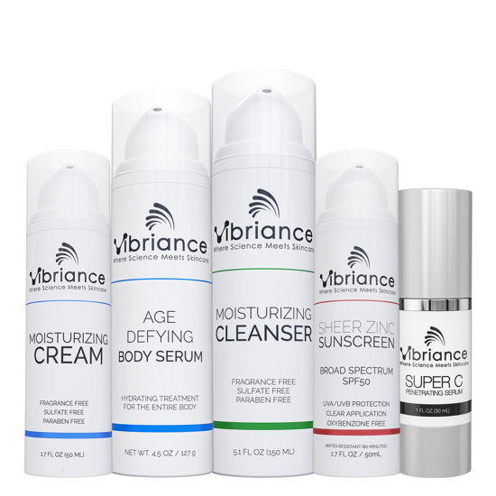 Picture of Vibriance Premium Skincare Bundle | Super C All-in-One Serum, Moisturizing Cleanser, Moisturizing Cream, Sheer Zinc Sunscreen, Age Defying Serum | Heal, Hydrate, Protect & Rejuvenate