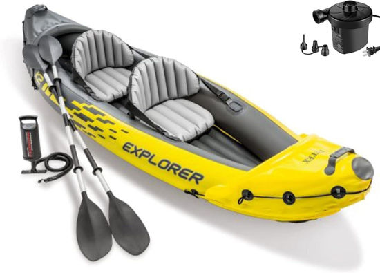 Picture of Intex Explorer K2 Kayak, 2-Person Inflatable Kayak Set with Two Aluminum Oars, Manual & Electric Pumps, Yellow