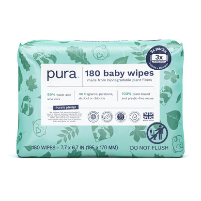 Picture of Pura Baby Wipes 3 x 60 per pack (180 Wipes) 100% Plastic-Free & Plant Based Wipes, 99% Water, Suitable for Sensitive & Eczema-prone Skin, Fragrance Free & Hypoallergenic, EWG, Cruelty Free