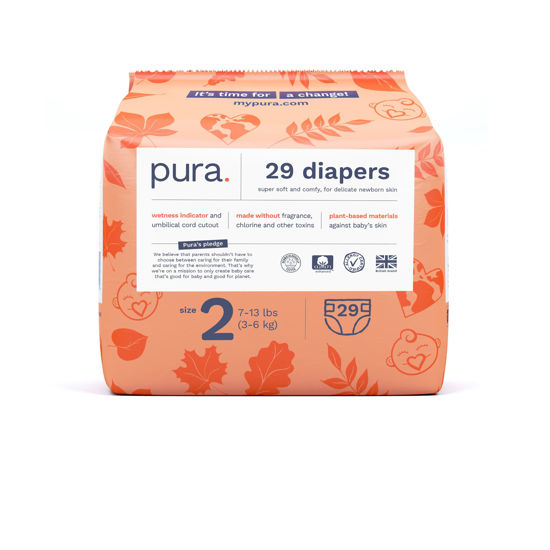 Picture of Pura Size 2 Eco-Friendly Diapers (7-13 lbs) TCF, Hypoallergenic, Soft Organic Cotton Comfort, Sustainable, Wetness Indictor. Allergy UK, Paper Packaging. 1 Pack of 29