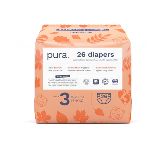 Picture of Pura Size 3 Eco-Friendly Diapers (9-20 lbs) Totally Chlorine Free (TCF) Hypoallergenic, Soft Organic Cotton, Sustainable, up to 12 Hours Leak Protection, Allergy UK, 1 Pack of 26 Diapers