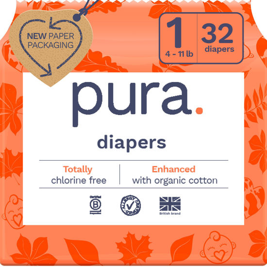 Picture of Pura Size 1 Eco-Friendly Diapers (4-11lbs) Hypoallergenic, Soft Organic Cotton Comfort, Sustainable, Wetness Indicator, Allergy UK Certified. Newborn 1 Pack of 32 Baby Diapers