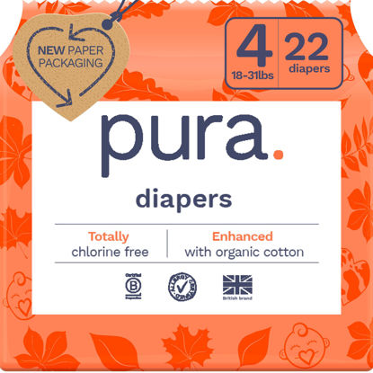 Picture of Pura Size 4 Eco-Friendly Diapers (18-31lbs) Totally Chlorine Free (TCF) Hypoallergenic, Soft Organic Cotton, Sustainable Comfort, up to 12 Hours Leak Protection, Allergy UK, 22 Diapers (Pack of 1)