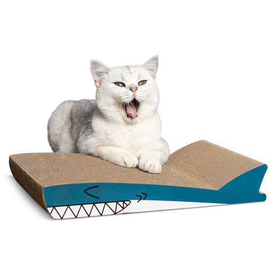 Picture of Conlun Cat Scratcher Cardboard Cat Scratch Pad with Premium Scratch Textures Design Durable Cat Scratching Pad Reversible Shark 15.7L x 9W x 2.6H