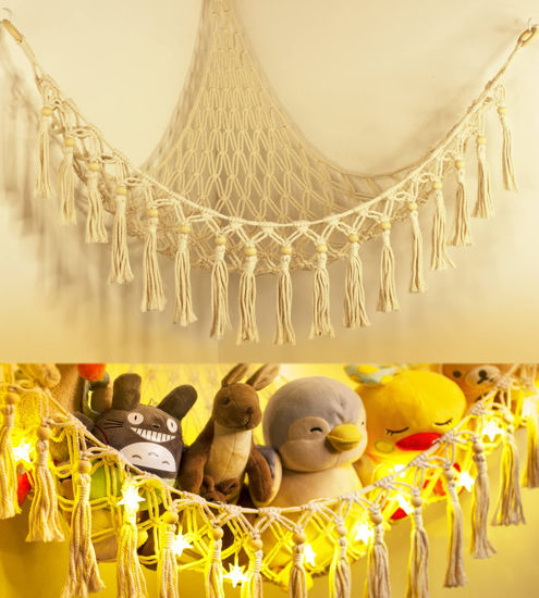 Picture of Stuffed Animal Toy Storage Hammock with LED Light - Macrame Jumbo Doll Corner Stuff Animals Organizer Decorations - Cute Hanging Plushie Net Kids Baby Nursery Bedroom Room Decor