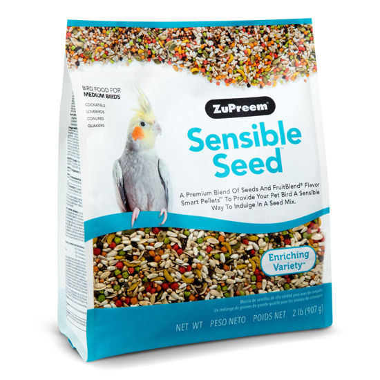 Picture of ZuPreem Sensible Seed Bird Food, Cockatiel, Lovebird, Quaker, Small Conure, Lorikeet, Seed and Pellet Blend for Medium Birds, Food Mixer Topper, Enriching Variety, Made in USA, Bird Seed (M, 2 lb)