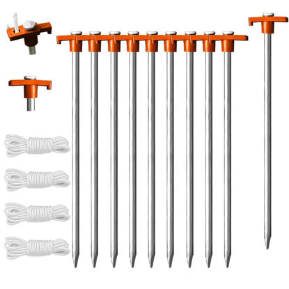 Picture of Eurmax USA Galvanized Non-Rust Camping Family Tent Pop Up Tent Stakes Ice Tools Heavy Duty 10pc-Pack, with 4x10ft Ropes & 1 Orange Stopper