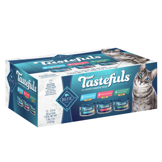 Picture of Blue Buffalo Tastefuls Natural Pate Wet Cat Food Variety Pack, Salmon, Chicken, Ocean Fish & Tuna Entrées 3-oz Cans (12 Count - 4 of Each Flavor)