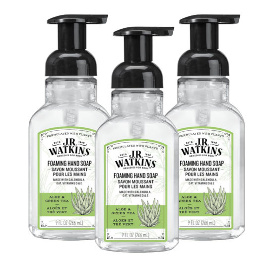 Picture of J.R. Watkins Foaming Hand Soap with Pump Dispenser, Moisturizing Foam Hand Wash, All Natural, Alcohol-Free, Cruelty-Free, USA Made, Aloe & Green Tea, 9 fl oz, 3 Pack