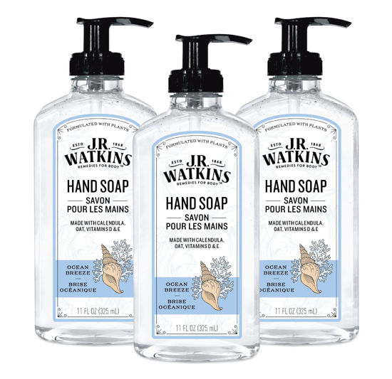 Picture of J.R. Watkins Gel Hand Soap With Dispenser, Moisturizing Hand Wash, All Natural, Alcohol-Free, Cruelty-Free, USA Made, Ocean Breeze, 11 Fl Oz, 3 Pack