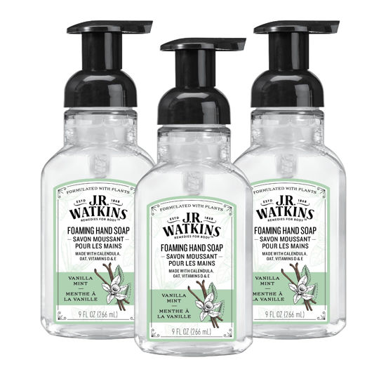 Picture of J.R. Watkins Foaming Hand Soap Pump with Dispenser, Moisturizing All Natural Hand Soap Foam, Alcohol-Free, Cruelty-Free, USA Made, Use as Kitchen or Bathroom Soap, Vanilla Mint, 9 fl oz, 3 Pack