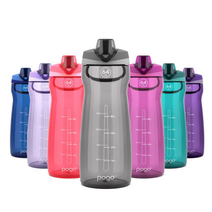 Picture of Pogo 64oz Plastic Water Bottle with Leak-Proof Chug Lid and Carry Handle, Reusable, BPA Free, Capacity Markings, Dishwasher Safe, Perfect for Travel, School, Outdoors, and Gym, Grey