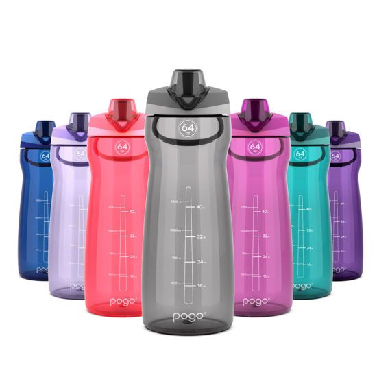 Picture of Pogo 64oz Plastic Water Bottle with Leak-Proof Chug Lid and Carry Handle, Reusable, BPA Free, Capacity Markings, Dishwasher Safe, Perfect for Travel, School, Outdoors, and Gym, Grey