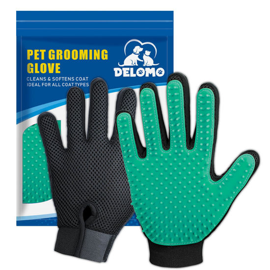 Picture of DELOMO Pet Hair Remover Gloves, 255 Tips, Deshedding Glove for Dog and Cat, Gentle De-Shedding Glove Brush, Green, 2 Count