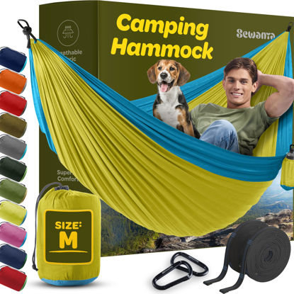 Picture of Durable Hammock 400 lb Capacity, Nylon Camping Hammock Chair - Double or Single Sizes w/Tree Straps and Attached Carry Bag - Portable for Travel/Backpacking/Beach/Backyard (Medium, Yellow & Blue)