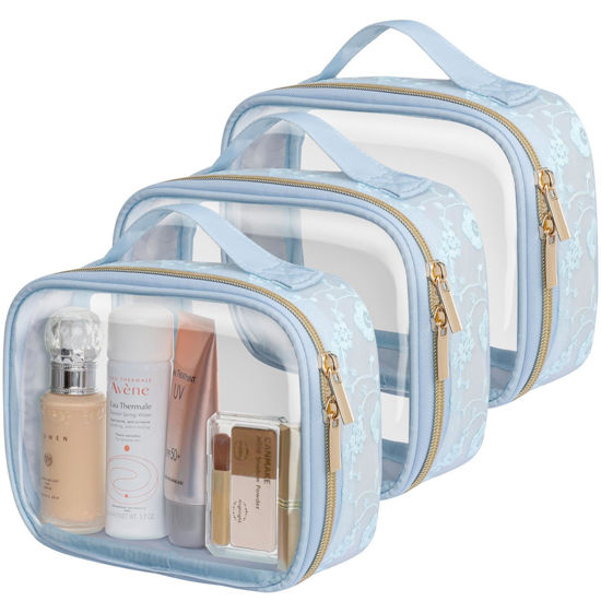 Picture of PACKISM TSA Approved Toiletry Bag - Floral Texture Lace Clear Makeup Bags, Ease of Clamshell Closing, Handles and Double Zippers, 0.5 mm Thicker Clear Toiletry Bags, Good for Travel, Blue