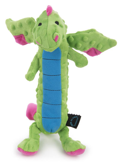 Picture of goDog PlayClean Skinny Dragon Squeaky Plush Dog Toy with Odor-Eliminating Essential Oils, Chew Guard Technology - Green, Large