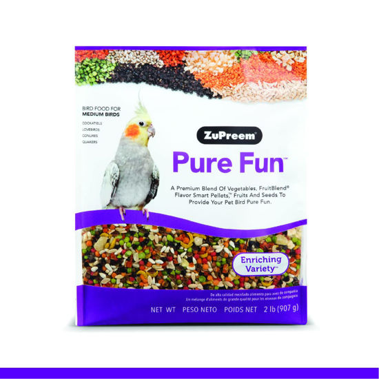 Picture of ZuPreem Pure Fun Bird Food, Cockatiel, Lovebird, Quaker, Small Conure, Lorikeet, Seed and Pellet Blend for Medium Birds, Food Mixer Topper, Enriching Variety, Made in USA, Cockatiel Food (M, 2 lb)