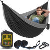 Picture of Durable Hammock 500 lb Capacity, Nylon Camping Hammock Chair - Double or Single Sizes w/Tree Straps and Attached Carry Bag - Portable for Travel/Backpacking/Beach/Backyard (Large, Black & Light Grey)