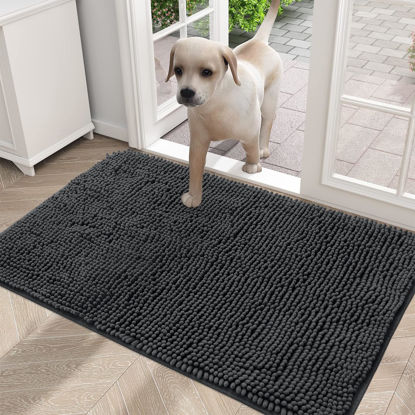 Picture of OLANLY Dog Door Mat for Muddy Paws 30x20, Absorbs Moisture and Dirt, Absorbent Non-Slip Washable Mat, Quick Dry Chenille, Mud Mat for Dogs, Entry Indoor Door Mat for Inside Floor, Dark Grey