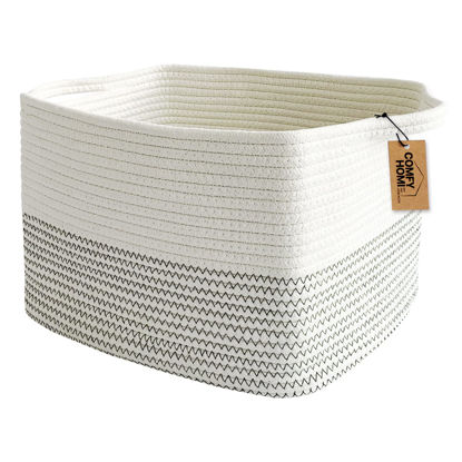 Picture of COMFY-HOMI White Rectangle Cotton Rope Woven Basket With Handles for Cloth, Toy, Magazines, Blanket Storage Bin for Baby Nursery Cube Bin, Decorative Square Basket for Baby Room 13.5" x 11" x 9.5"