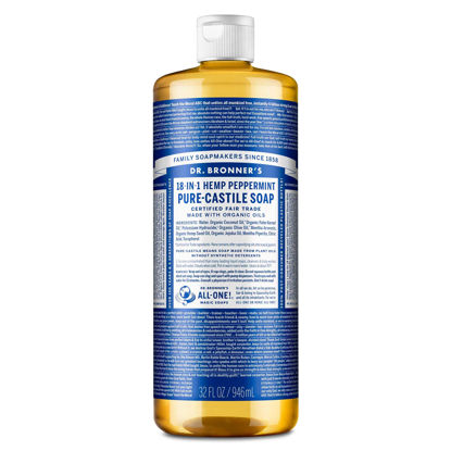 Picture of Dr. Bronner's Pure-Castile Liquid Soap- Made with Regenerative Organic Certified Oils- 18-in-1 Uses for Face, Body, Hand, Hair, Laundry & More- Vegan, Non-GMO- All Natural Body Wash- Peppermint,32oz