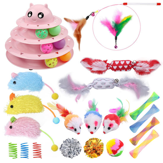 Picture of UPSKY 24 PCS Cat Toys, 3-Level Turntable Kitten Toys Set, Interactive Cat Roller Toys for Indoor Cats, Catnip Toys, Cat Teaser Toys, Mice Toys, Spring Toys, Various Ball Toys for Kitty.