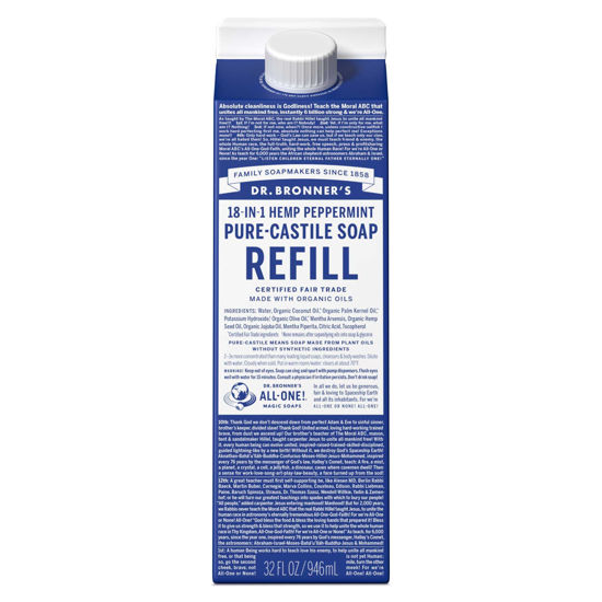 Picture of Dr. Bronner's Pure-Castile Liquid Soap Refill - Made with Regenerative Organic Certified Oils, 82% Less Plastic - 18-in-1 Uses for Face, Body Wash, Hand Soap Refill & More - Peppermint, 32oz