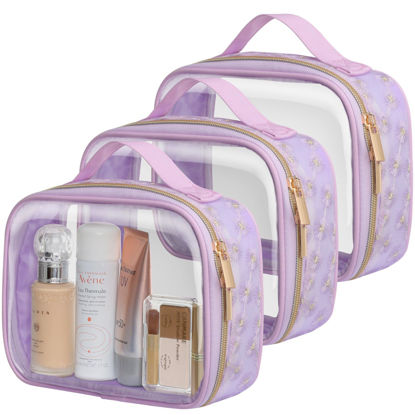 Picture of PACKISM Floral Texture TSA Approved Toiletry Bag - 180° Large Opening Clear Makeup Bags with Handle, Easily Access, Clear Travel Bags for Toiletries TSA Approved, Thick 0.5 mm, Purple